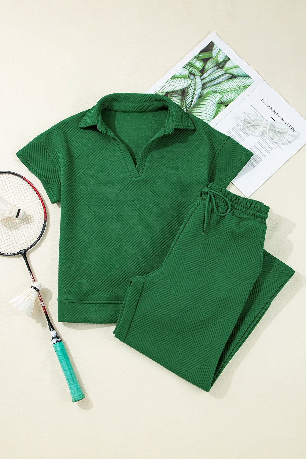 Textured Collared V-Neck Shirt & Drawstring Pants Set