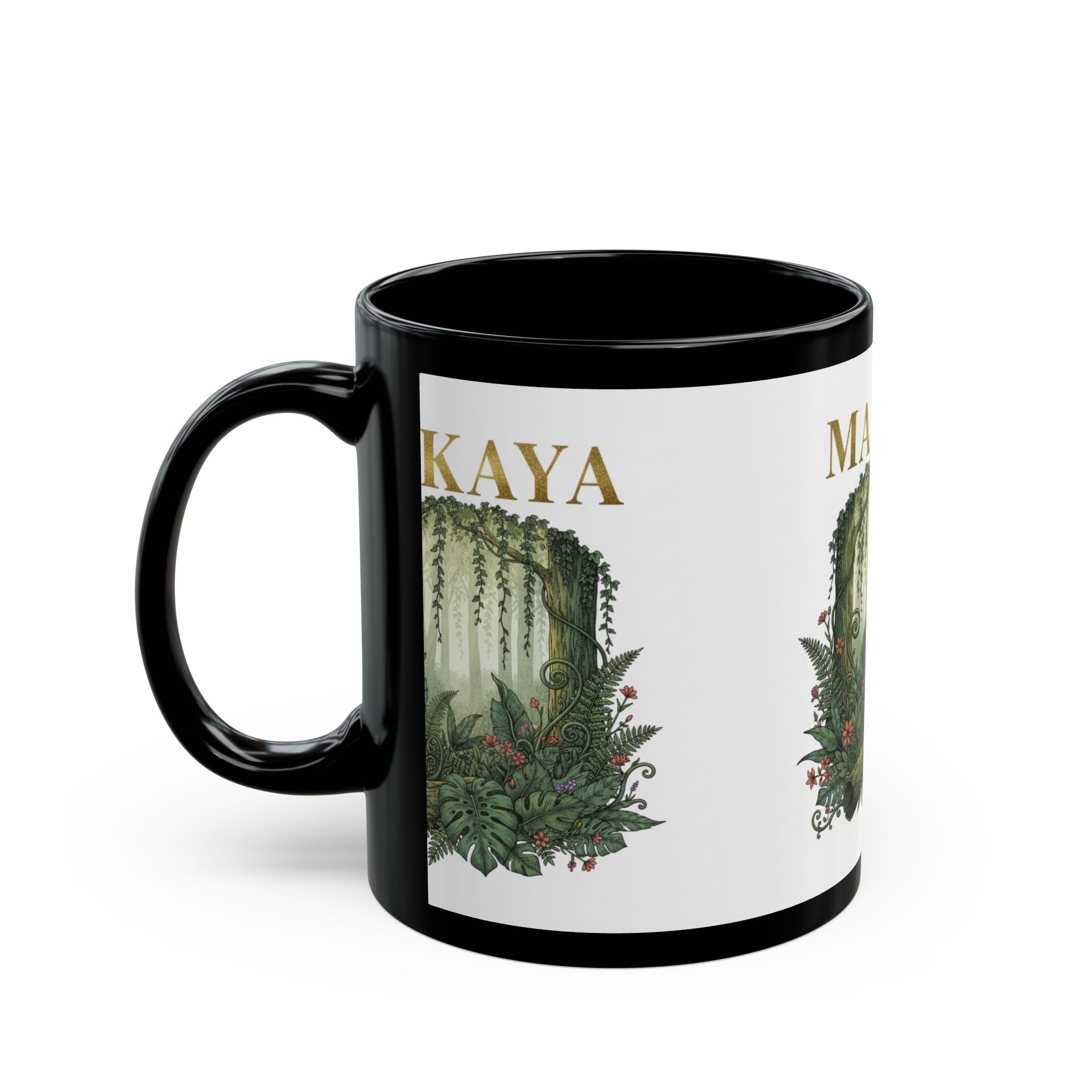 Personalized Jungle Name Mug — "MAKAYA" Botanical Black Coffee Cup (11oz/15oz)