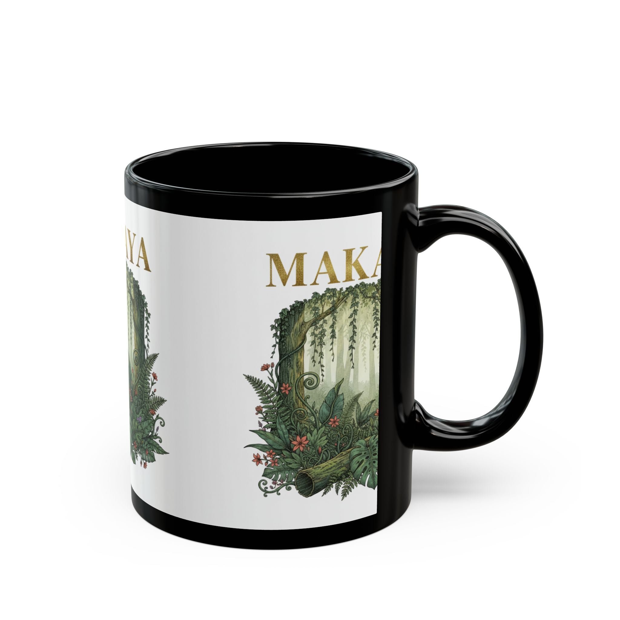 Personalized Jungle Name Mug — "MAKAYA" Botanical Black Coffee Cup (11oz/15oz)