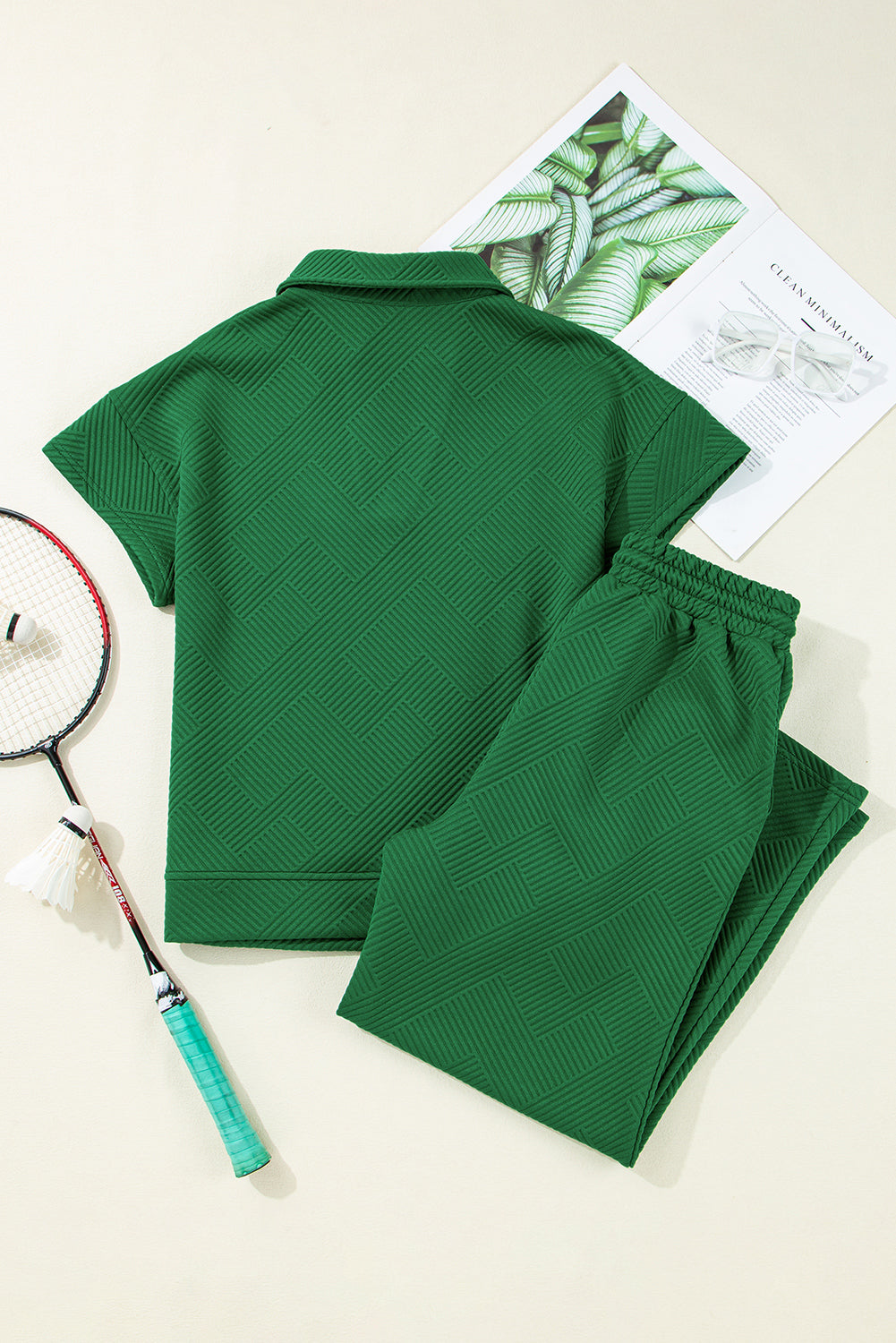 Textured Collared V-Neck Shirt & Drawstring Pants Set