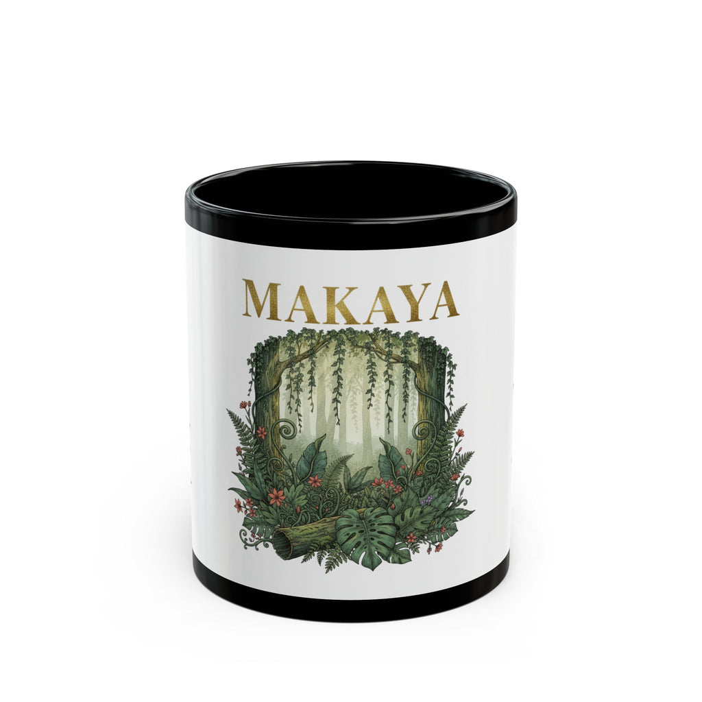Personalized Jungle Name Mug — "MAKAYA" Botanical Black Coffee Cup (11oz/15oz)