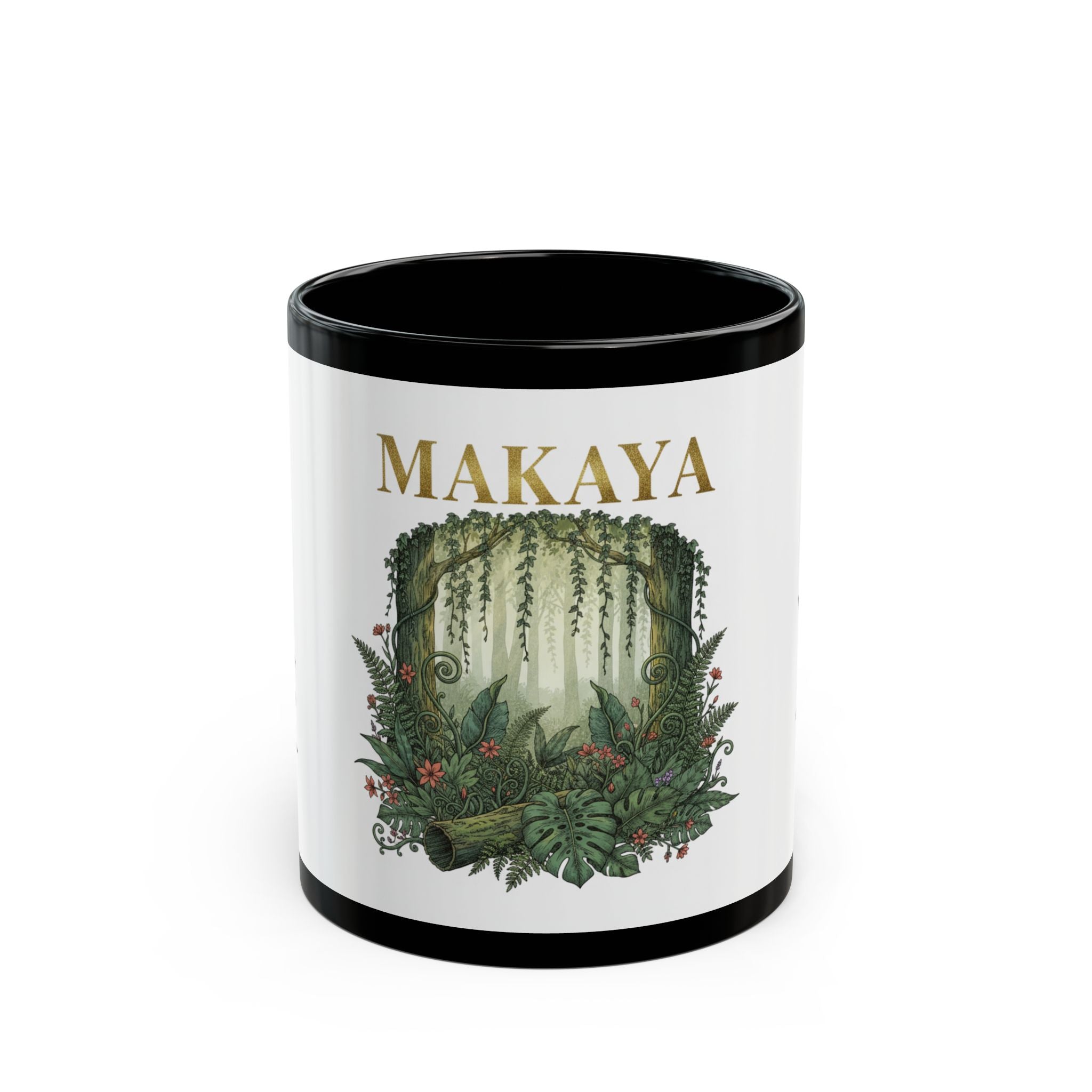 Personalized Jungle Name Mug — "MAKAYA" Botanical Black Coffee Cup (11oz/15oz)