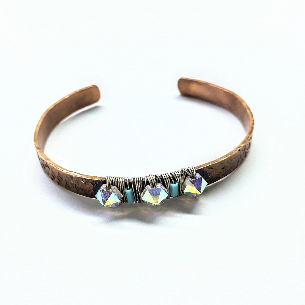 Handmade Hammer Textured Wire Wrapped Crystal Spike Bead Turquoise