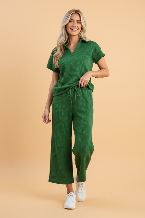 Textured Collared V-Neck Shirt & Drawstring Pants Set