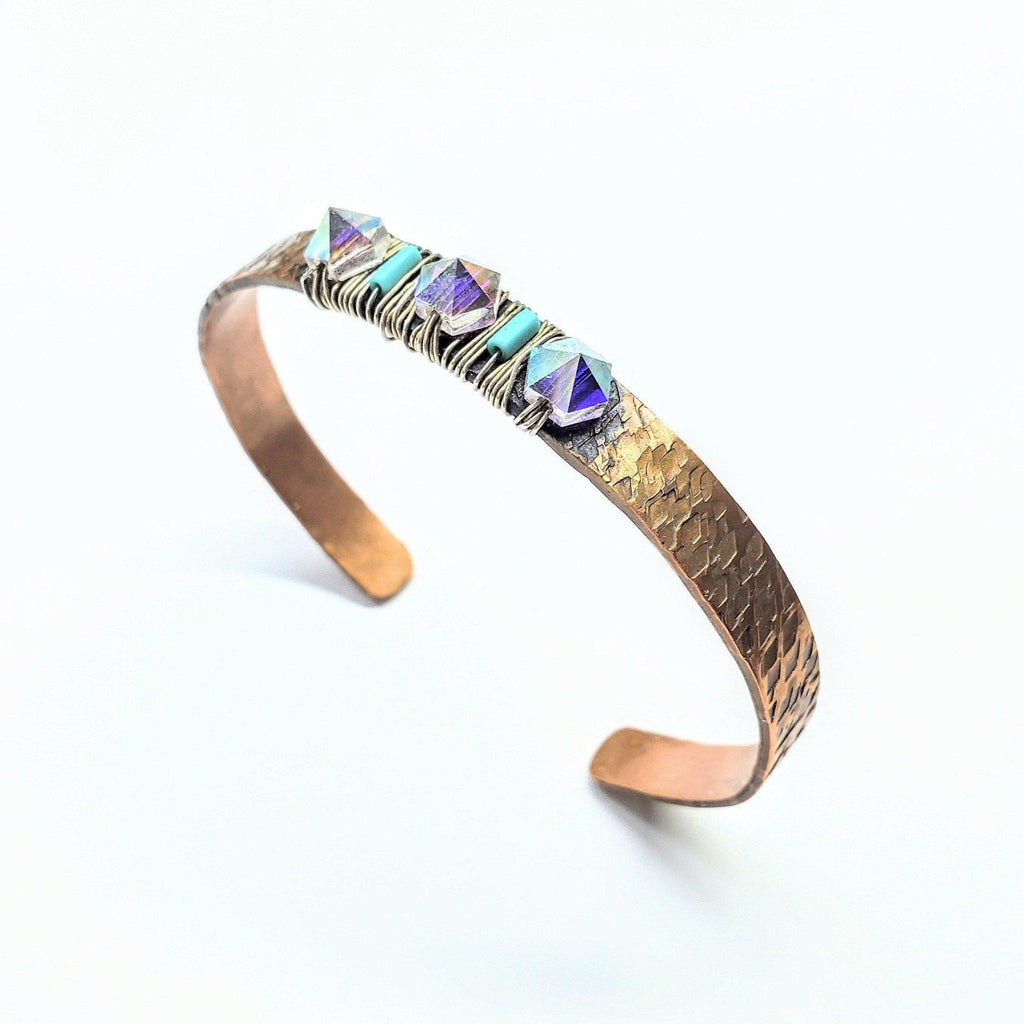 Handmade Hammer Textured Wire Wrapped Crystal Spike Bead Turquoise