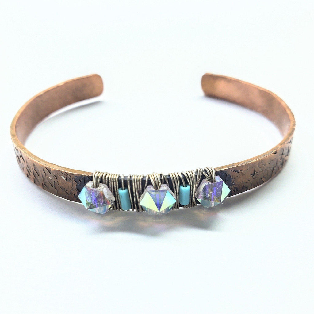 Handmade Hammer Textured Wire Wrapped Crystal Spike Bead Turquoise