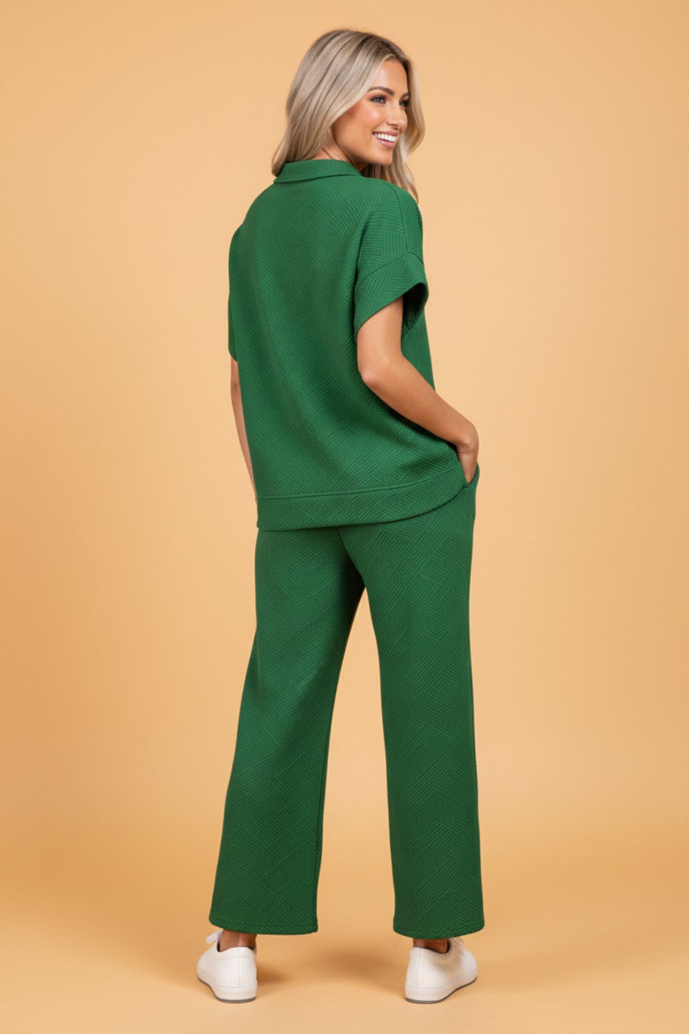 Textured Collared V-Neck Shirt & Drawstring Pants Set